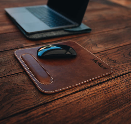 Personalized Mouse Pad with Wrist Rest Top Grain Leather, Hand Crafted Custom Mouse Pad, Office Ergonomic Mouse Pad, Laptop Mouse Pad