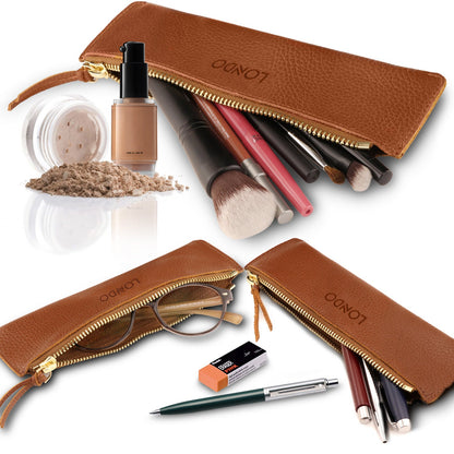 Hand Crafted Top Grain Leather Pen Holder, Slim Cosmetic Case, Lightweight Glasses Case, Unisex Pencil Case, Zipper Pen and Pencil Pouch Bag