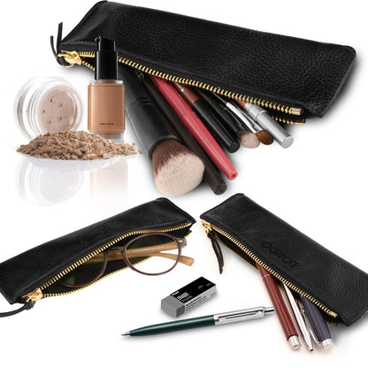 Hand Crafted Top Grain Leather Pen Holder, Slim Cosmetic Case, Lightweight Glasses Case, Unisex Pencil Case, Zipper Pen and Pencil Pouch Bag