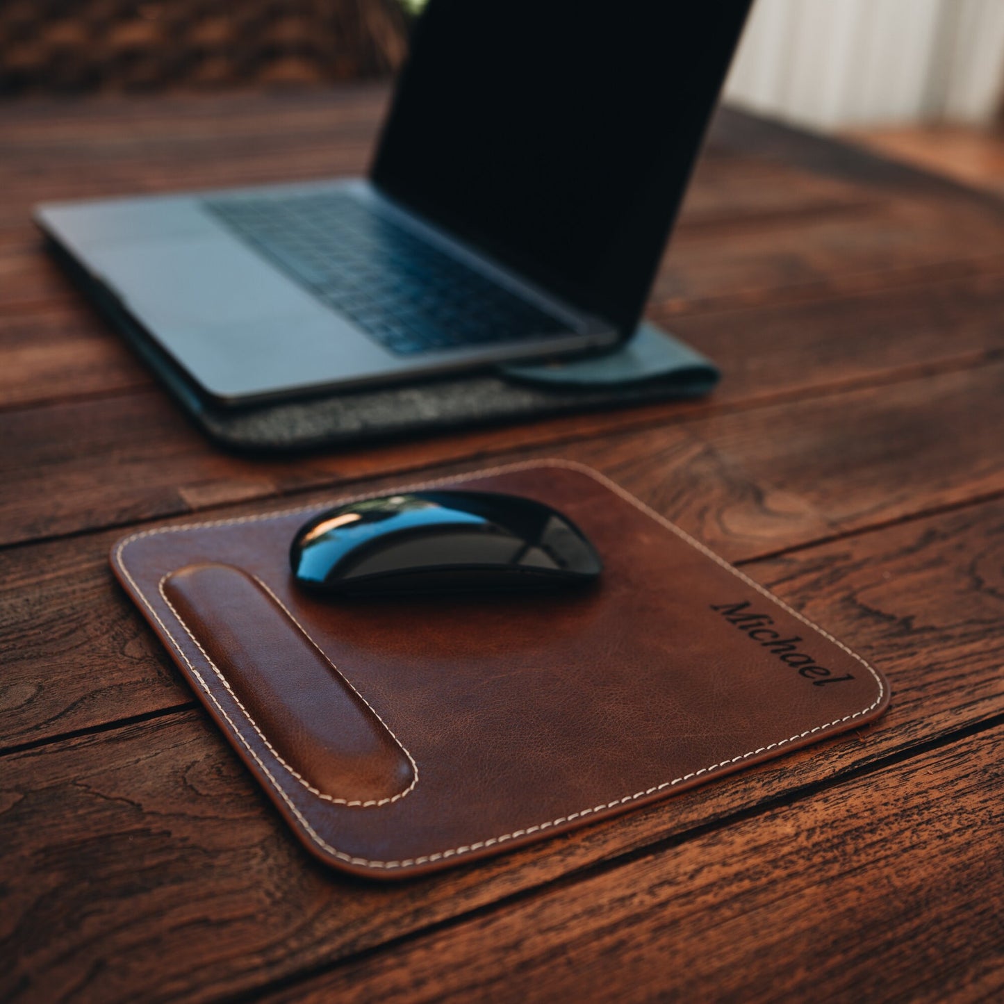 Personalized Hand Crafted Top Grain Leather Computer Mousepad with Wrist Rest, Custom Ergonomic Mouse Pad, Laptop Mouse Pad