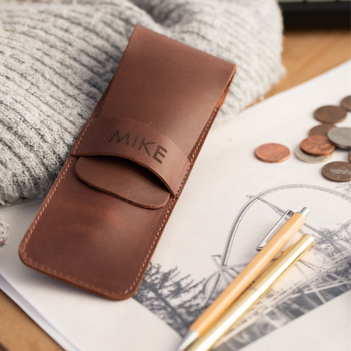 Personalized Top Grain Leather Pencil Pouch, Handcrafted Pen Holder, Custom Pen Pouch, Quality Pen and Pencil Case with Tuck in Flap