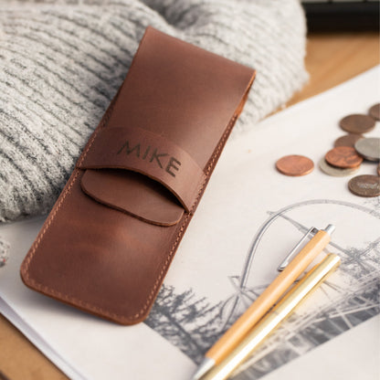 Personalized Top Grain Leather Pencil Pouch, Handcrafted Pen Holder, Custom Pen Pouch, Quality Pen and Pencil Case with Tuck in Flap