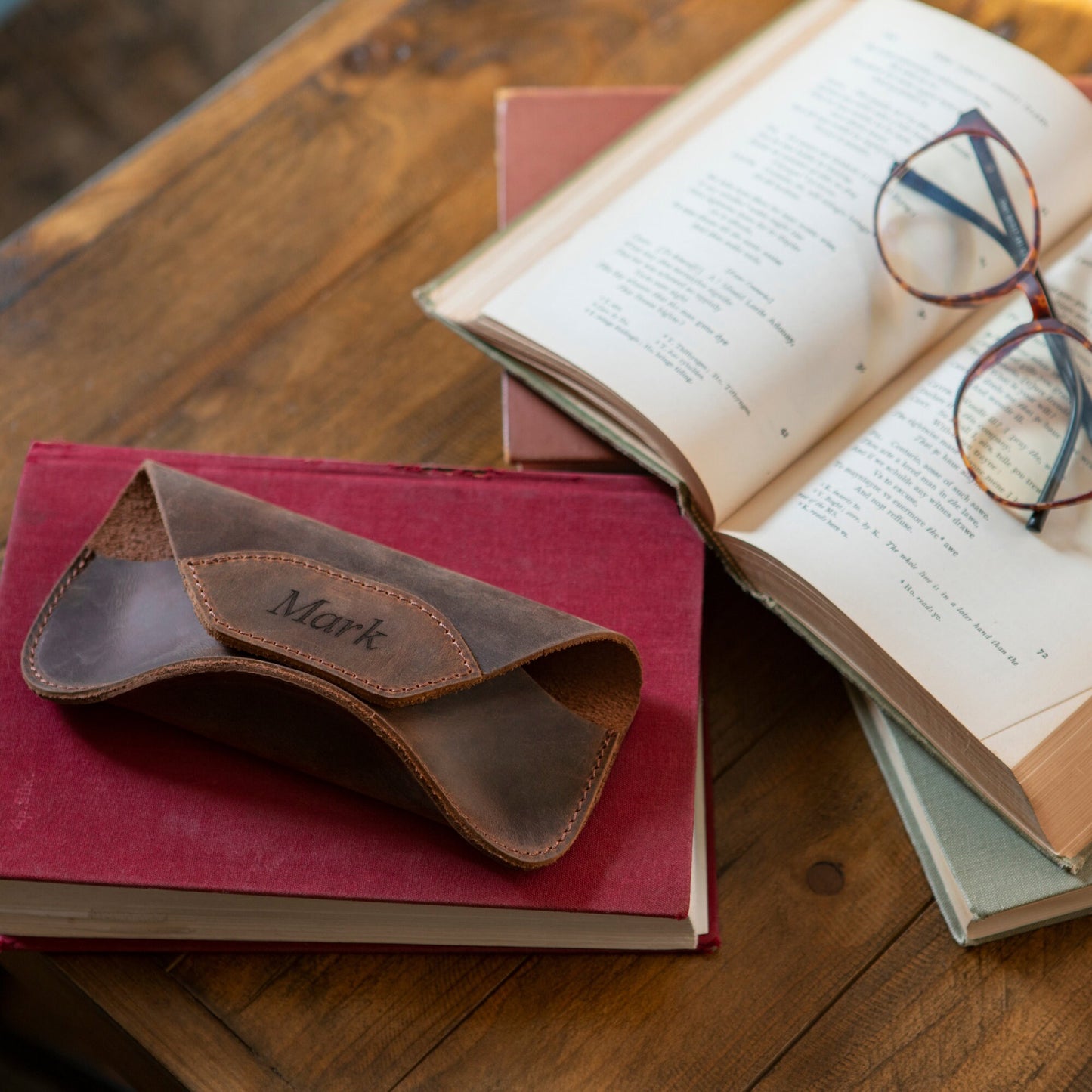 Leather Glasses Case Personalized - Slim Eyeglass Holder, Magnetic Closure, Custom Initial Gift for Him/Her