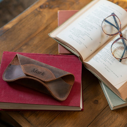 Leather Glasses Case Personalized - Slim Eyeglass Holder, Magnetic Closure, Custom Initial Gift for Him/Her