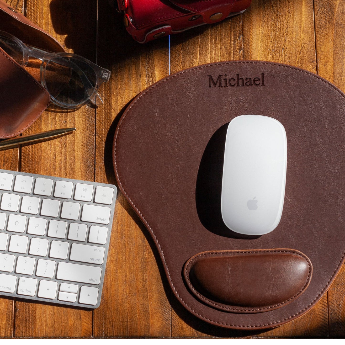 Personalized Hand Crafted Oval Leather Computer Mouse Pad with Wrist Rest, Office Ergonomic Mouse Pad, Customized Birthday Gift