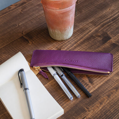 Hand Crafted Top Grain Leather Pen Holder, Slim Cosmetic Case, Lightweight Glasses Case, Unisex Pencil Case, Zipper Pen and Pencil Pouch Bag