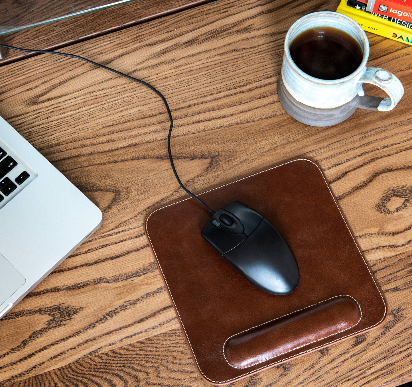 Personalized Hand Crafted Top Grain Leather Computer Mousepad with Wrist Rest, Custom Ergonomic Mouse Pad, Laptop Mouse Pad