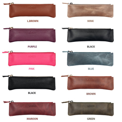 Pen Pouch Top Grain Leather, Hand Crafted Glasses Case, Unisex Cosmetic Cases, Classic Look Pen Holder, Zippered Pen and Pencil Pouch Bags
